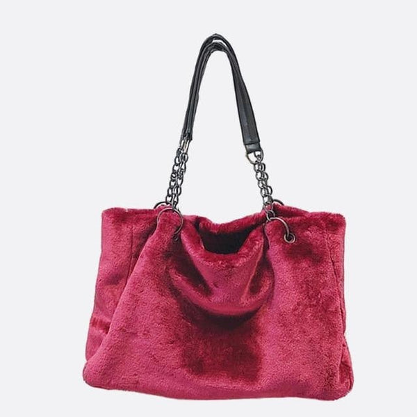 Sac Shopping XXL En Fausse Fourrure Teddy - Gris, Fermoir Pression Doré, Grand Modèle, Neuf Sans étiquettes