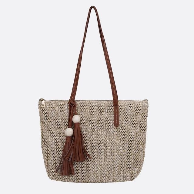 Cabas en Paille avec Pompon et Anse Cuir | Nina Sac Beige