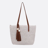 Cabas en Paille avec Pompon et Anse Cuir | Nina Sac Blanc