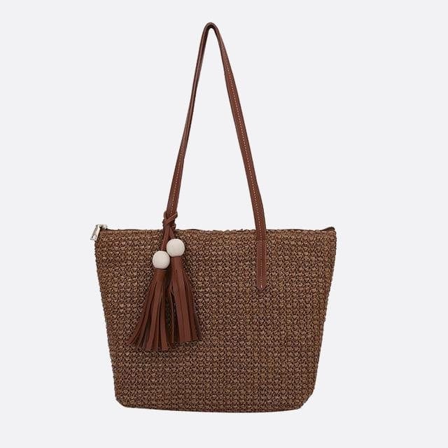 Cabas en Paille avec Pompon et Anse Cuir | Nina Sac Marron