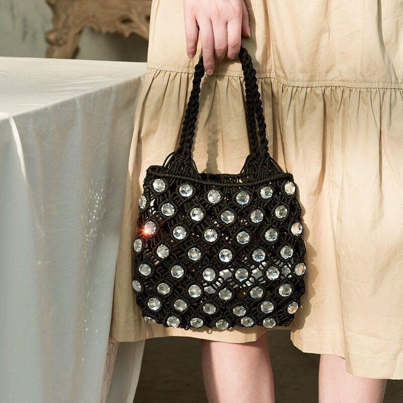 Sac à Main Macramé Chic en Noir et Perles | Nina Sac