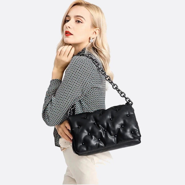 Sac Bandoulière Noir Matelassé - Élégance en Cuir avec Chaine | Nina Sac