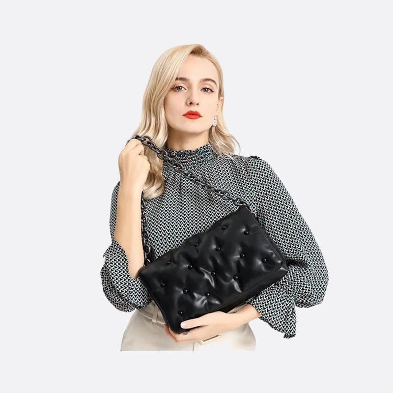 Sac Bandoulière Noir Matelassé - Élégance en Cuir avec Chaine | Nina Sac