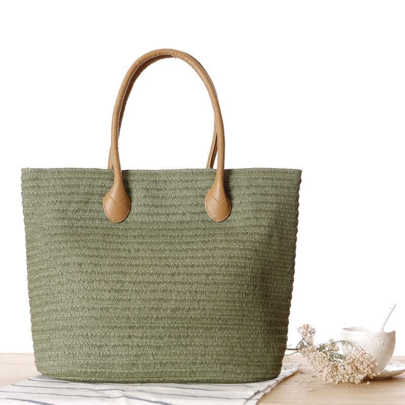 Sac Cabas de Plage en Paille pour Femme | Nina Sac Vert armé