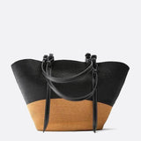 Sac Cabas en Paille avec Anse en Cuir | Nina Sac Noir et camel