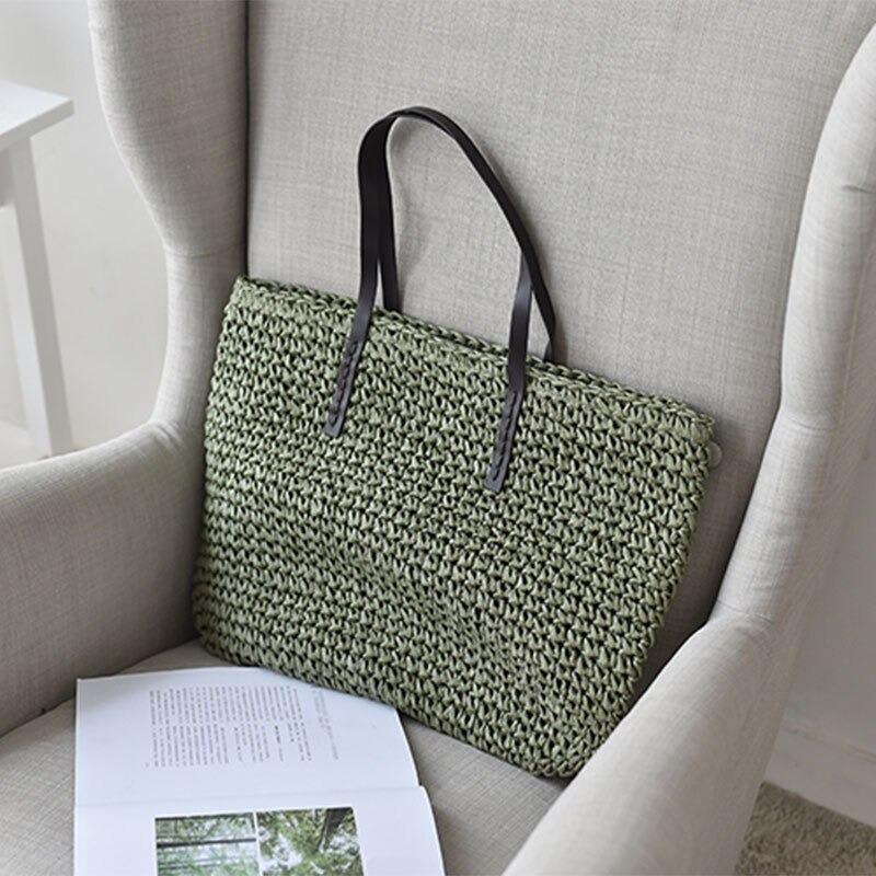 Sac Cabas en Paille avec Anse en Cuir | Nina Sac Vert