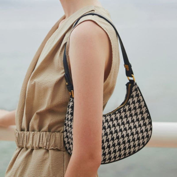 Sac d'Épaule Demi-Lune - Élégance Pied de Poule | Nina Sac