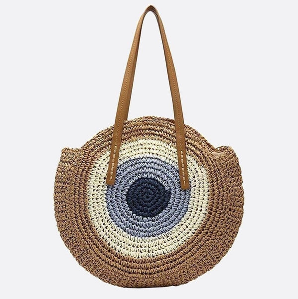 Sac d'Épaule en Paille Circulaire colorée | Nina Sac Marron clair