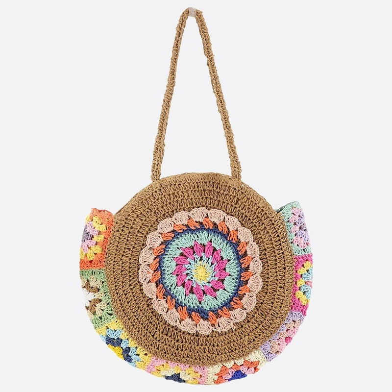 Sac d'Épaule en Paille Crocheté Rond | Nina Sac Marron clair