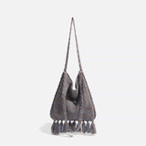 Sac d'Épaule Fourre-Tout Crochet Pompons | Nina Sac Gris