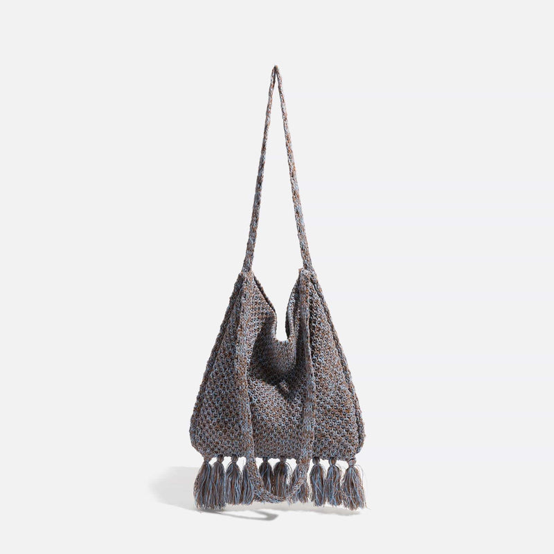 Sac d'Épaule Fourre-Tout Crochet Pompons | Nina Sac Gris