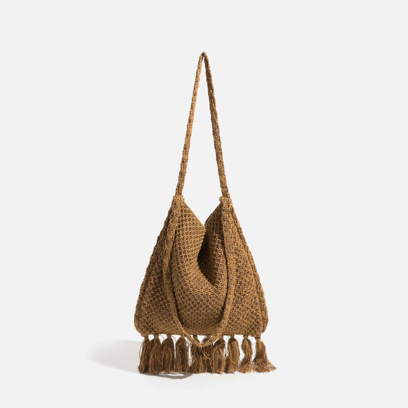 Sac d'Épaule Fourre-Tout Crochet Pompons | Nina Sac Marron clair